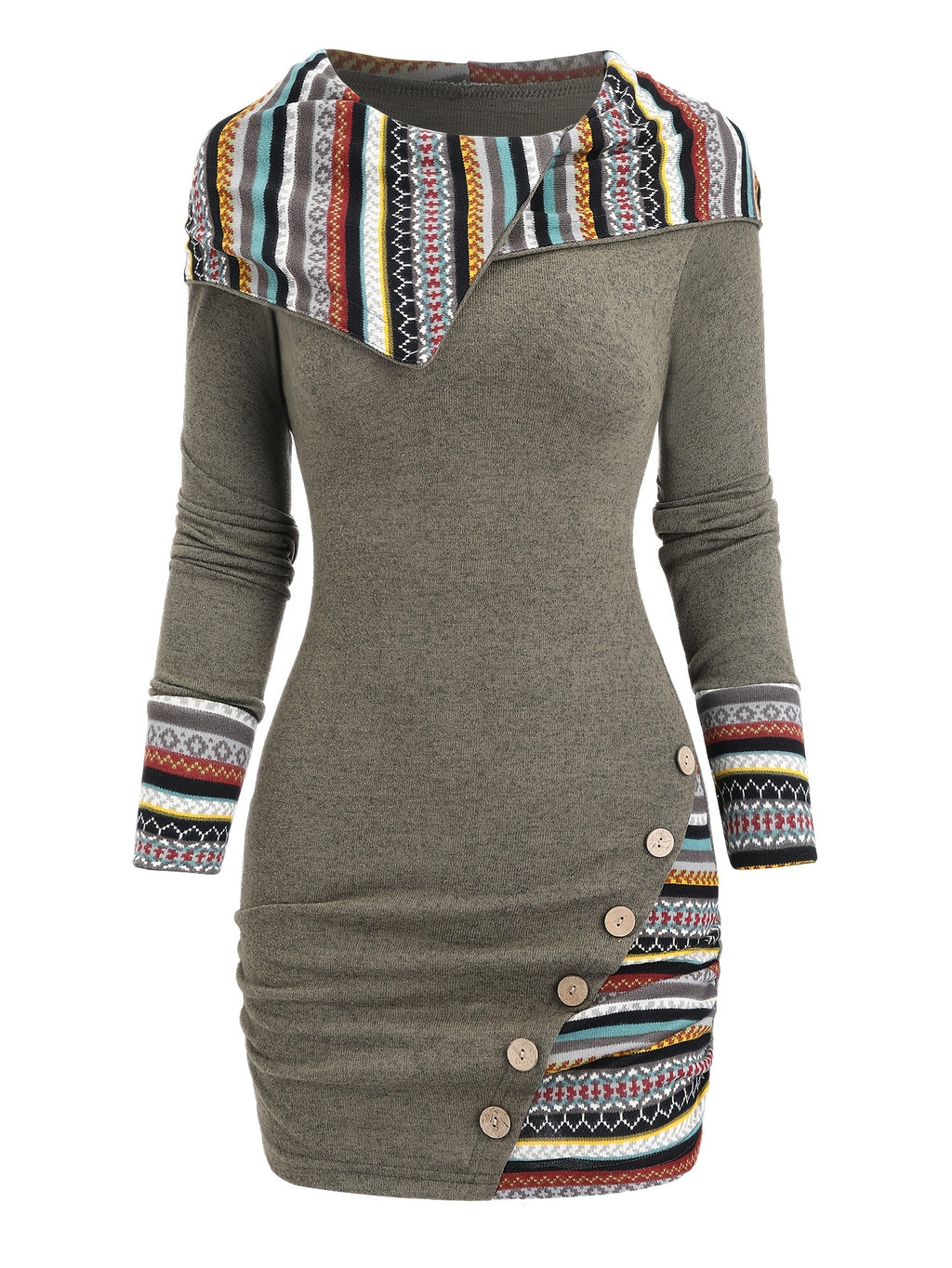 European And American Fashion Women'S Ethnic Style Geometric Striped Patchwork Hooded Long-Sleeve Fitted Dress - Military Green