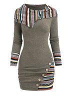 European And American Fashion Women'S Ethnic Style Geometric Striped Patchwork Hooded Long-Sleeve Fitted Dress - Military Green