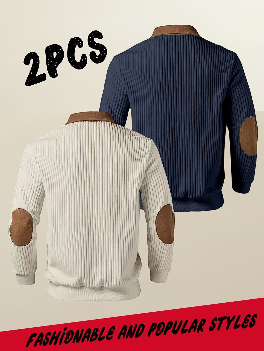 Men's Casual Long Sleeve Lapel Pullover with Patchwork Half-Zip Design, Two-pc, Multiple Colors Available, Men's Outdoor Casual Wear Suitable for Outdoor Sports and Vintage Casual Styling - Apricot+Navy Blue
