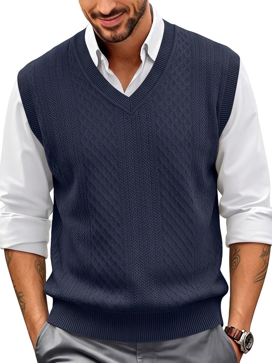 Xingfan OBM Men's Autumn/Winter Light Luxury New Ribbed V-Neck Cable Knit Vest, Rhombus Jacquard Sleeveless Sweater Cardigan, Business Gentleman's Layering Knit Top. Soft and Warm Knitted Fabric, Vintage Three-dimensional Cable Knit Rhombus Texture - Navy Color