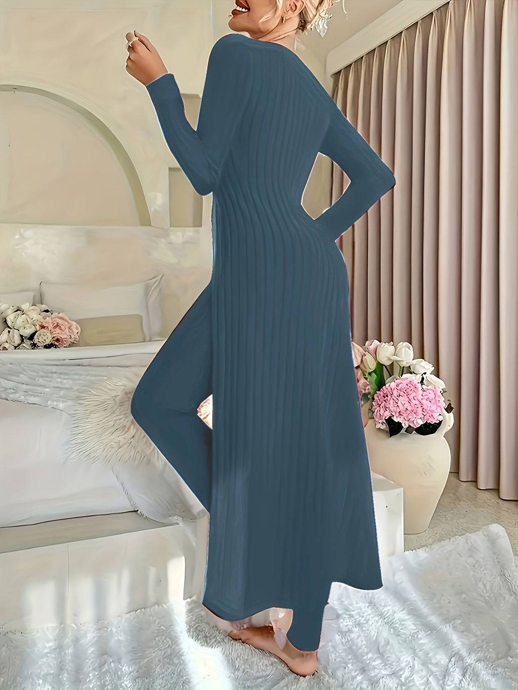 Autumn-Winter Casual Robe and Long Pants Set, High Slit Dress Set, Hair Needle Material, Suitable for Daily Wear, Home Casual Wear - Sea Blue