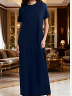 Plus Size, Fashion Casual Short-sleeve Round-neck Long Dress with Pockets, Solid Color, for Spring and Summer - Navy Color
