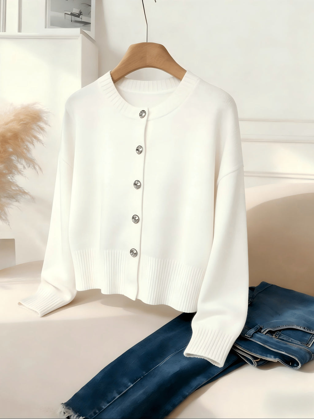 Cozy Women's Cardigan with Floral Button Accents, Soft Stylish Cardigan for Casual Daily Wear - White