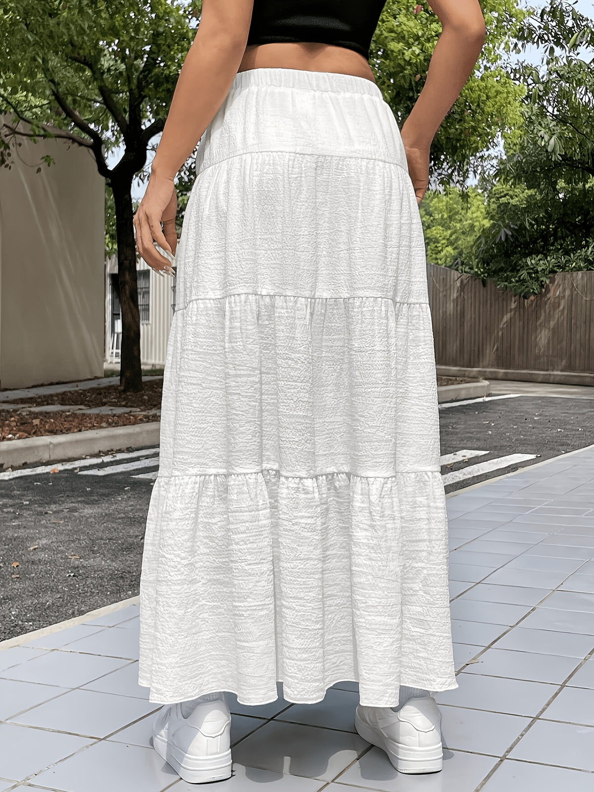 Elegant Special Women's White Summer Bohemian Vacation Style Dress, Casual Women's Dress with Drawstring Ruffled Hem, Multi-Layered Long Regular Fit Solid Color Daily Wear Dress - White