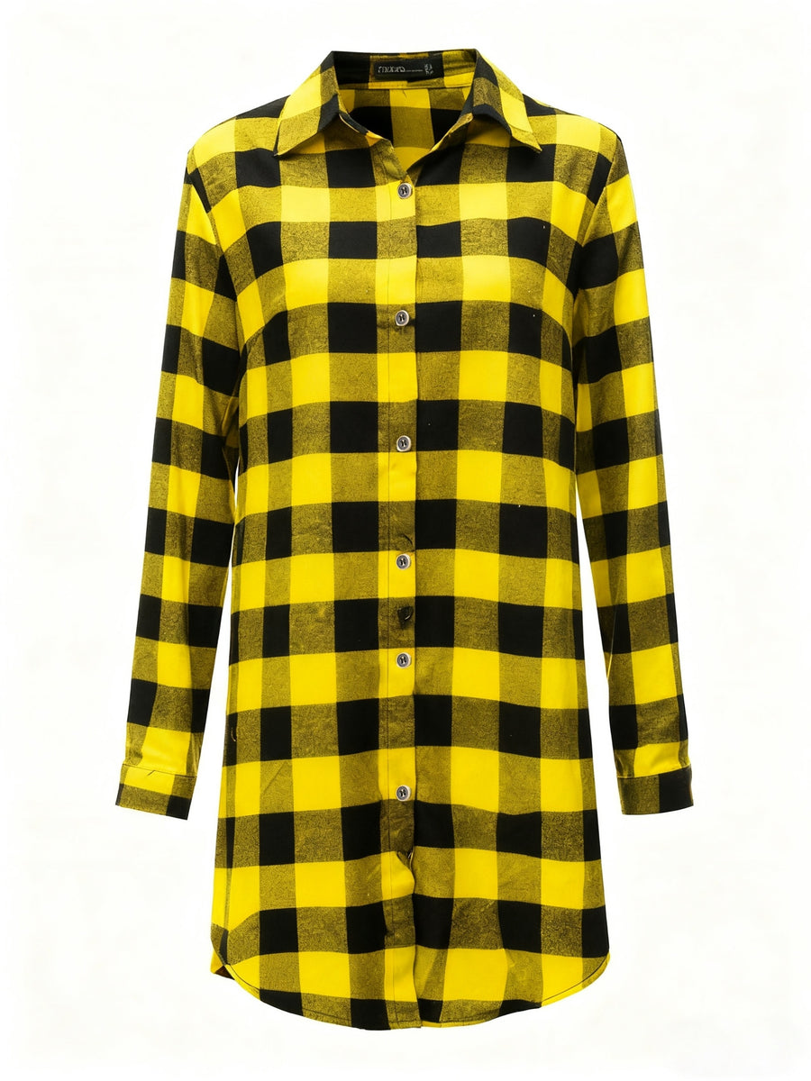 Elegant Women's Long Plaid Shirt with a Lapel Front Button- Collar, Featuring Exquisite Buttons and a Beautiful Twill Breathable Fabric, Perfect for Daily Outings and Outdoor Leisure in Spring and Autumn - Huang Haige