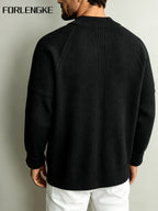 FORLENGKE Men's Autumn/Winter Stand Collar Zipper Knit Cardigan, Heavyweight Jacquard Texture Outerwear, Casual Versatile Solid Color Sweater Jacket, Mature Business Minimalist Top, Loose Fit Slimming Long Sleeve Outer Layer, Daily Commute Light - Black