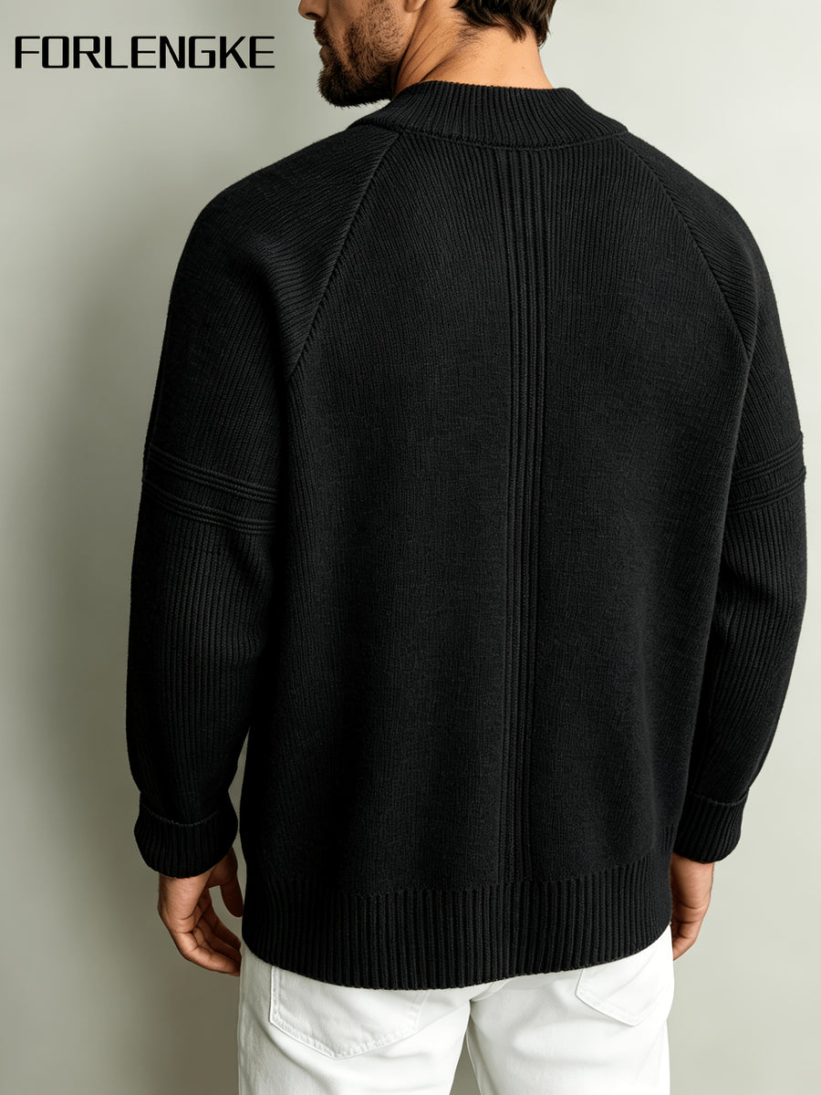 FORLENGKE Men's Autumn/Winter Stand Collar Zipper Knit Cardigan, Heavyweight Jacquard Texture Outerwear, Casual Versatile Solid Color Sweater Jacket, Mature Business Minimalist Top, Loose Fit Slimming Long Sleeve Outer Layer, Daily Commute Light - Black