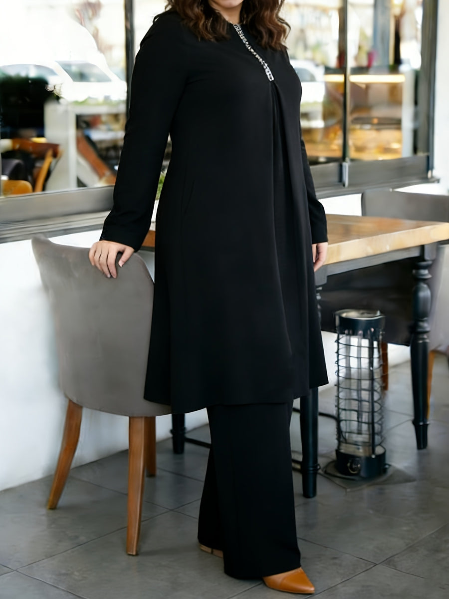Eid | Plain Sequin Muslim Fall/Winter 2pcs Jilbab Set | Elegant Plain Sequin Abaya Women Modest Dress And Loose Wide-Leg Pants | Modest Outfit for Daily And Festive Wear - Black