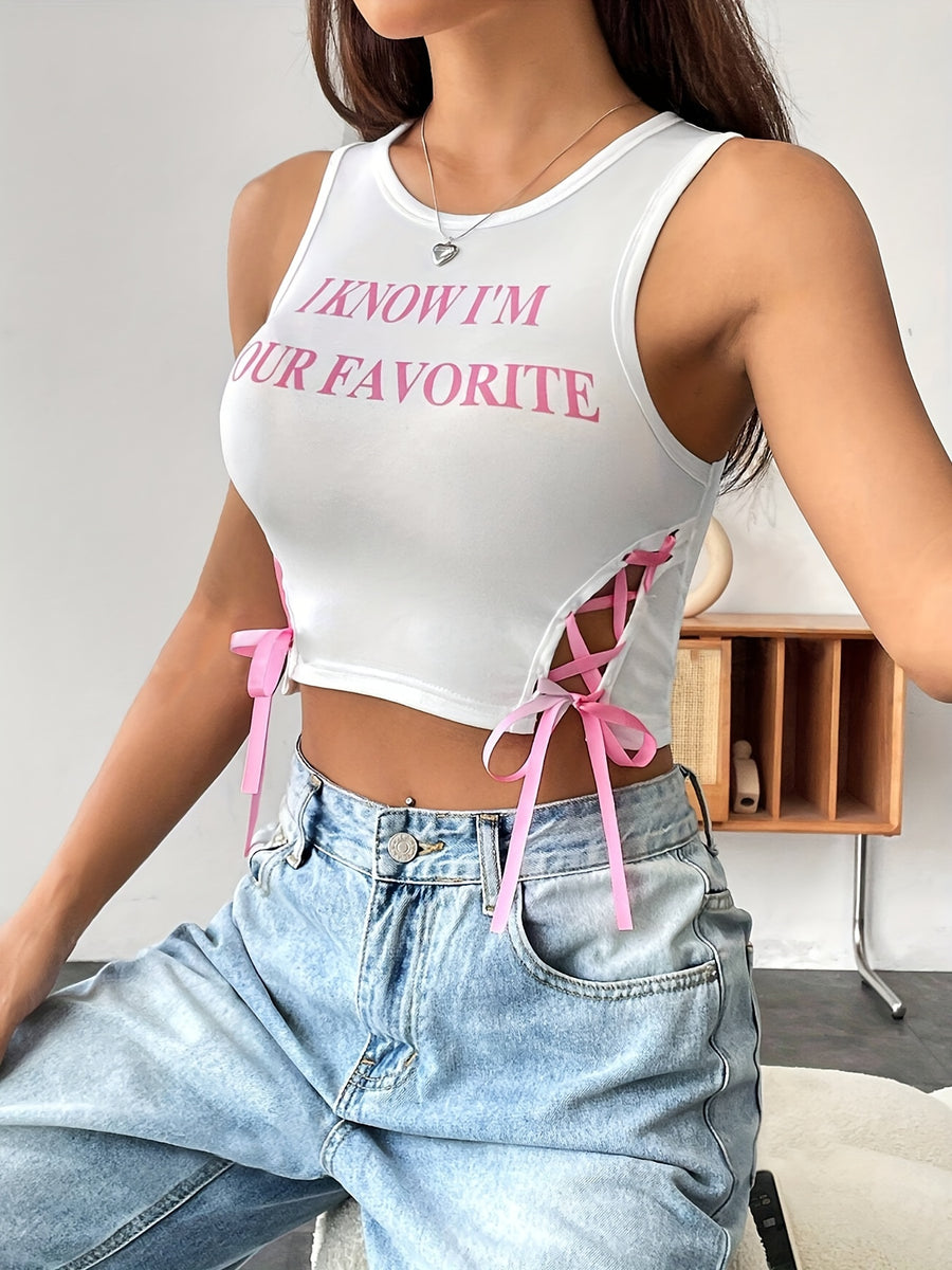 Women's Slogan Print Tie-Up Side Crop Tank Top, Ladies' Fashion Vest Top, Drawstring Sexy Sleeveless - White