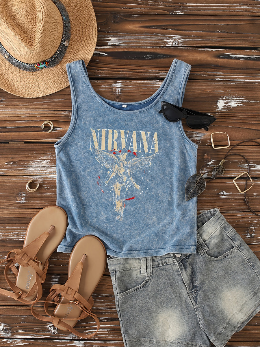 Ladies' Fashion Trend Fried Snowflake Washed - Angel Creative Pattern Printed Sleeveless Vest - Navy Color