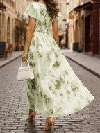 Women's Elegant V-Neck Floral Print Maxi Dress with Ruffle Sleeves, Casual Waist, for Leisure and Vacation, ZLLZ - Light Green