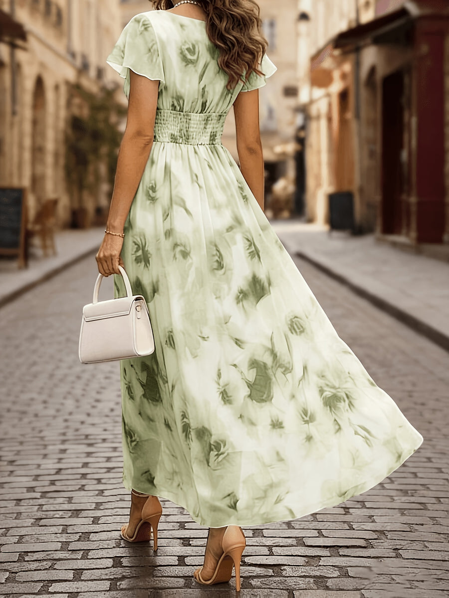 Women's Elegant V-Neck Floral Print Maxi Dress with Ruffle Sleeves, Casual Waist, for Leisure and Vacation, ZLLZ - Light Green