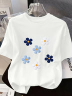 Women'S T-Shirt, Multicolor Floral Print, Casual Short-Sleeve Top, Available in Multiple Sizes, Suitable for Daily Wear And Leisure Outings - White