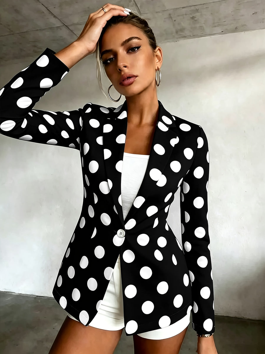 Women's Polka Dot Pattern Button-Up Long Sleeve Blazer, Women's Top, Suitable for Spring, Summer, Autumn, A Must-Have Item for All Seasons, Machine Washable, for Office Commuting and Casual Outings - Black