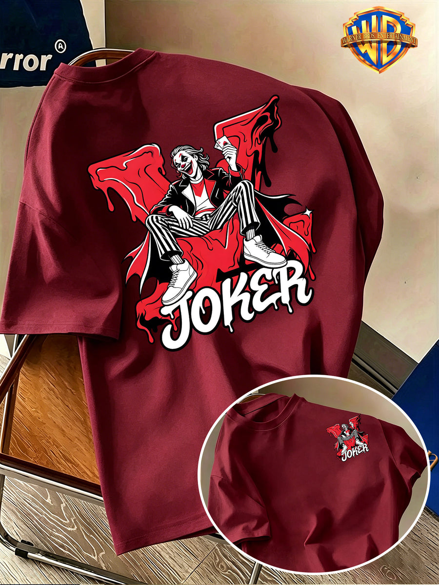 Warner Bros. Official Men's Short-Sleeve Pure T-Shirt, JOKER Ink Splatter Seat Portrait Print, American Vintage Streetwear Style Design, Spring/Summer Top, Regular Fit, Suitable for Outdoor, Fitness, Office, and Daily Wear, A Must-Have Item for Men's - Burgundy