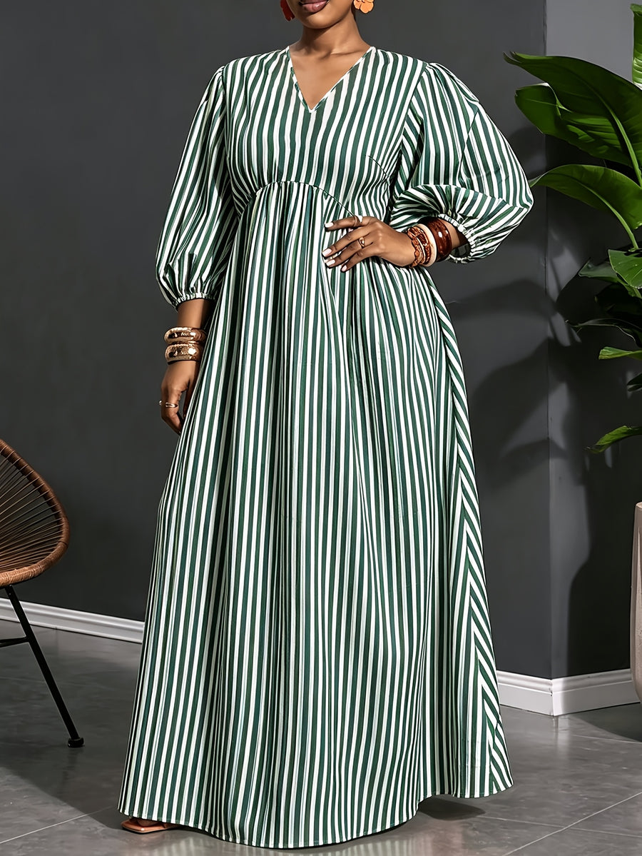 Plus Size, Plus-size Women's Vertical Stripe Long Dress, V-neck Puff Long Sleeve High-waist Flowy A-line Vacation Casual Maxi Dress - Green