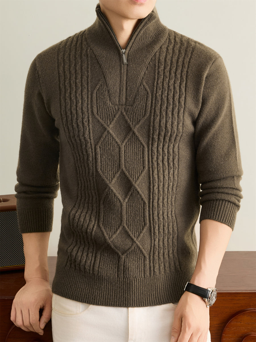 Autumn Winter Knit 3D Solid Half-Zip Stand Collar Sweater, Basic Knit Pullover Top for Men, Fashionable Long Sleeve Sweater, Size S - Dark Coffee