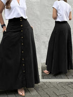 Women's Elegant Solid Color High Waist Mid-Long Skirt, Fashionable and Practical with Pockets and Button Front Slit A-line Skirt, Can be Worn in Spring, Summer, Autumn and Winter - Black