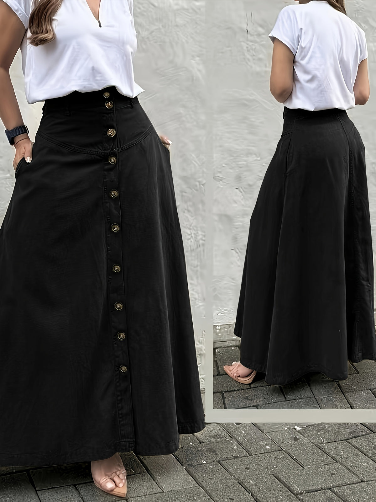 Women's Elegant Solid Color High Waist Mid-Long Skirt, Fashionable and Practical with Pockets and Button Front Slit A-line Skirt, Can be Worn in Spring, Summer, Autumn and Winter - Black