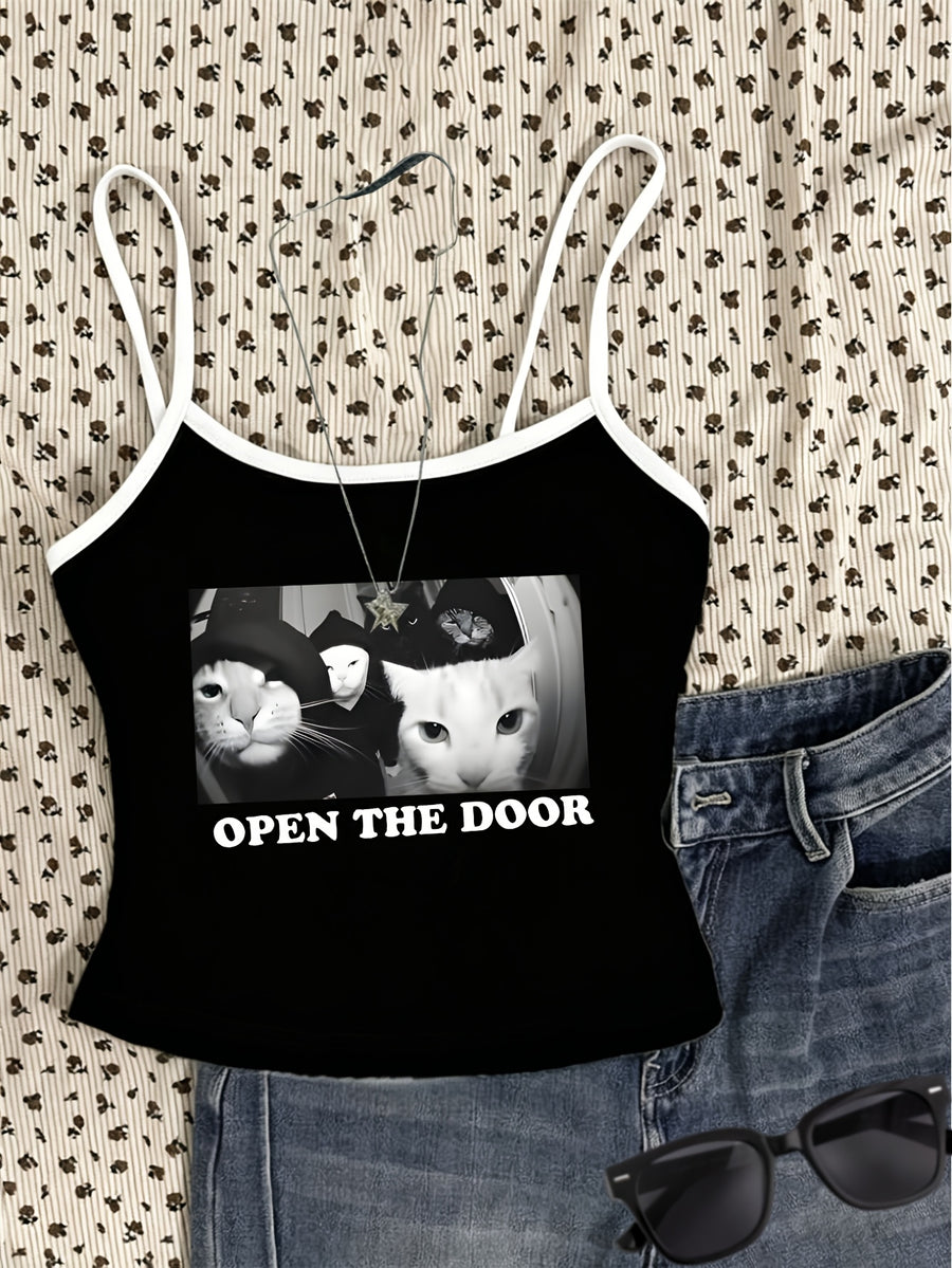 1pc Women's Mini Camisole Top with a Playful and Energetic Cat Print. Features a Cool and Edgy Vibe, Effortlessly Creating a Girly Style. Offers a Youthful and Age-reducing Effect, Adding Both Vitality and a Youthful Look. Suitable for Various Styles - Black And White