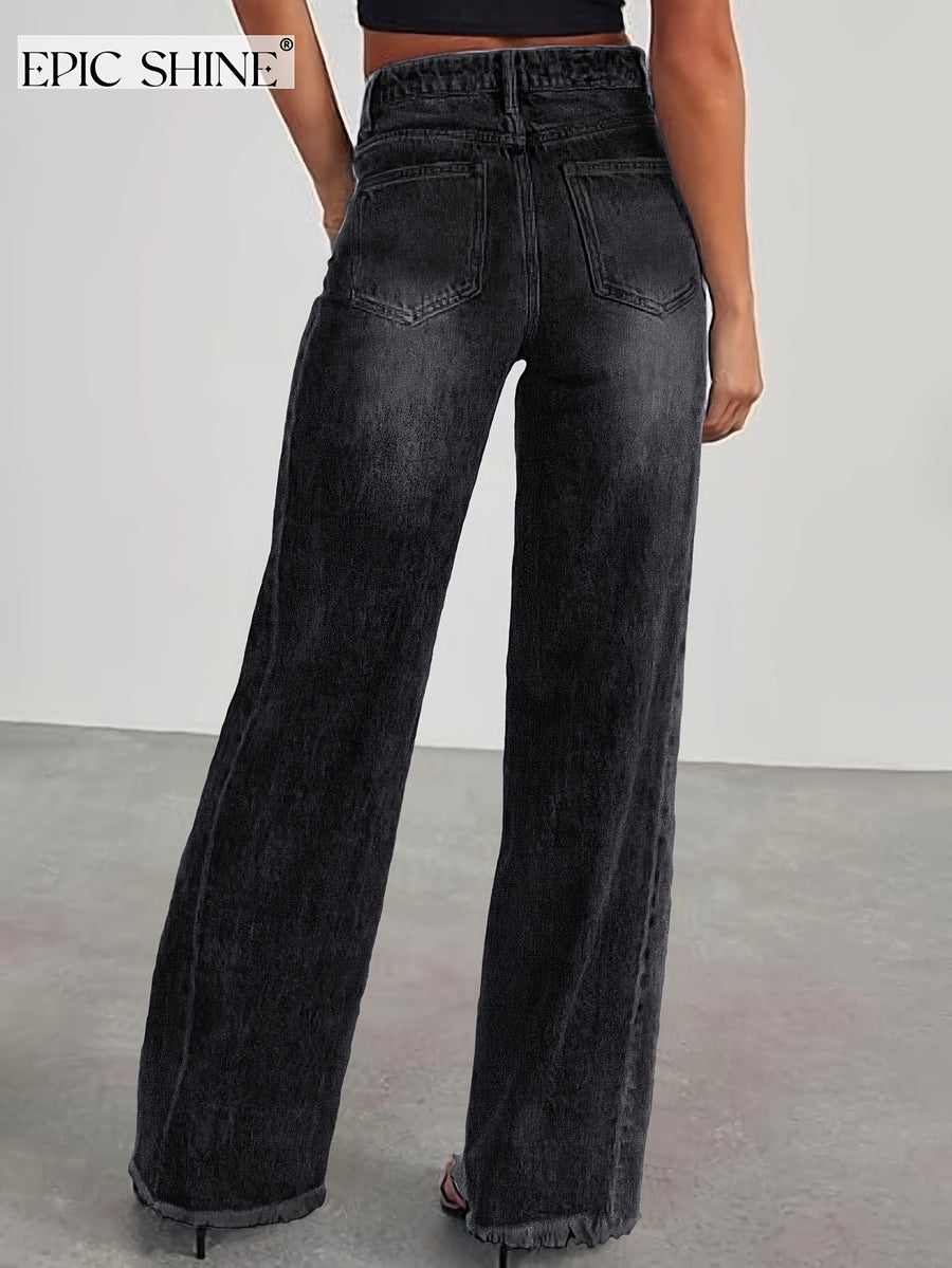 Women's Trendy High-waisted Loose Wide-leg Jeans, Stretchy Wide-leg Pants, Raw Hem Design, with Pockets, High-waisted Straight-leg Jeans, Versatile for Commuting, Women's Denim and Clothing - Graphite Black