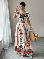 Summer Elegant Holiday Party Vacation Floral Print Square Neck Double-Layer Flared Sleeve Shirred Waist Top A-Line Maxi Skirt Women's Skirt Set - Multicolor