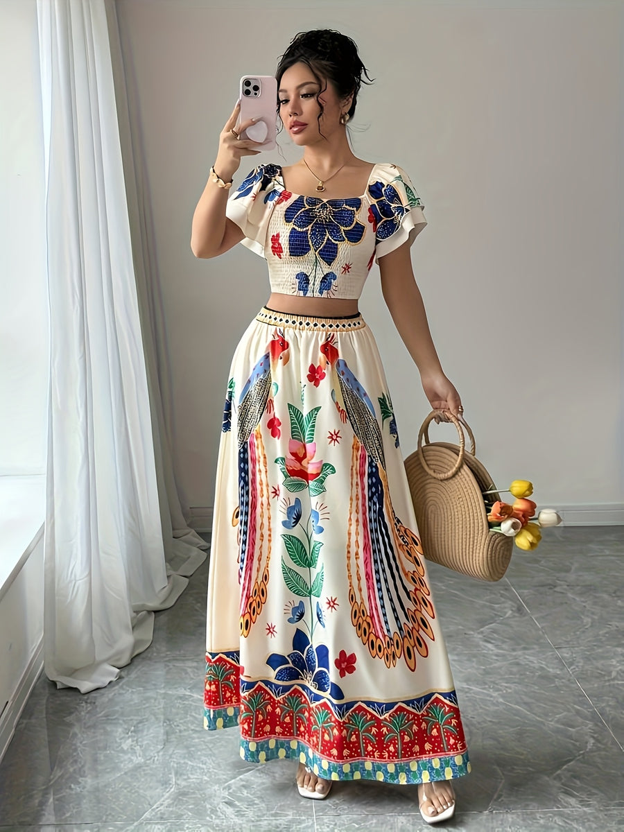 Summer Elegant Holiday Party Vacation Floral Print Square Neck Double-Layer Flared Sleeve Shirred Waist Top A-Line Maxi Skirt Women's Skirt Set - Multicolor