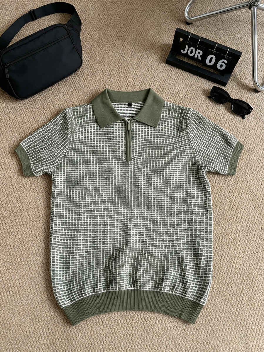 Men's Polo Collar Short Sleeve Waffle Knit Top, Solid Color Lightweight Breathable Casual Pullover - Olive Green