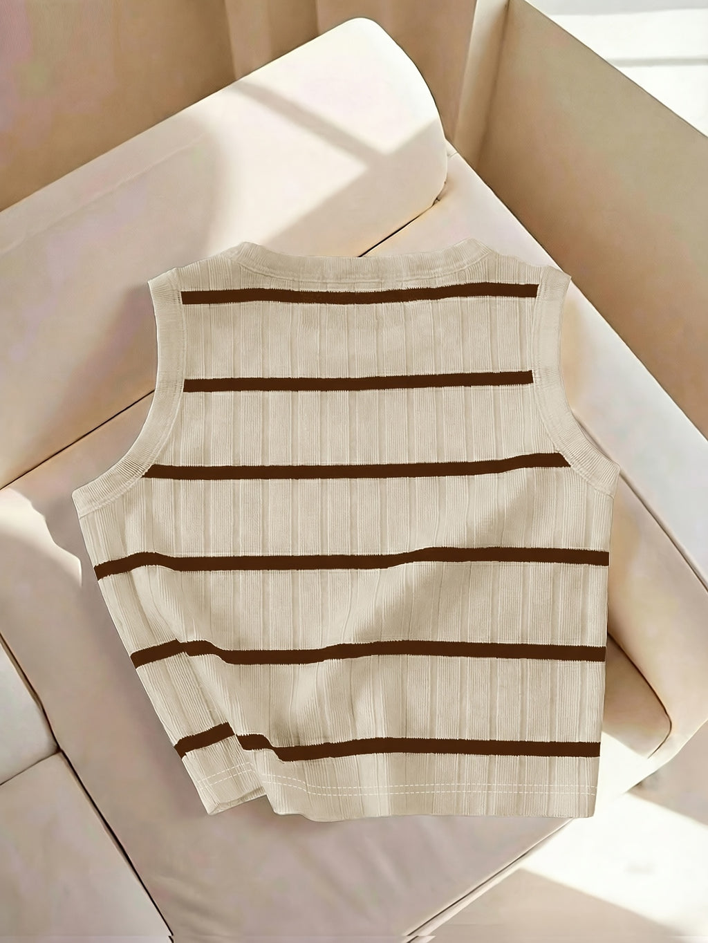 Women'S Fashion Striped Round Neck Tank Top - Khaki