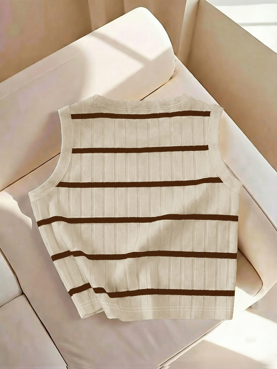Women'S Fashion Striped Round Neck Tank Top - Khaki