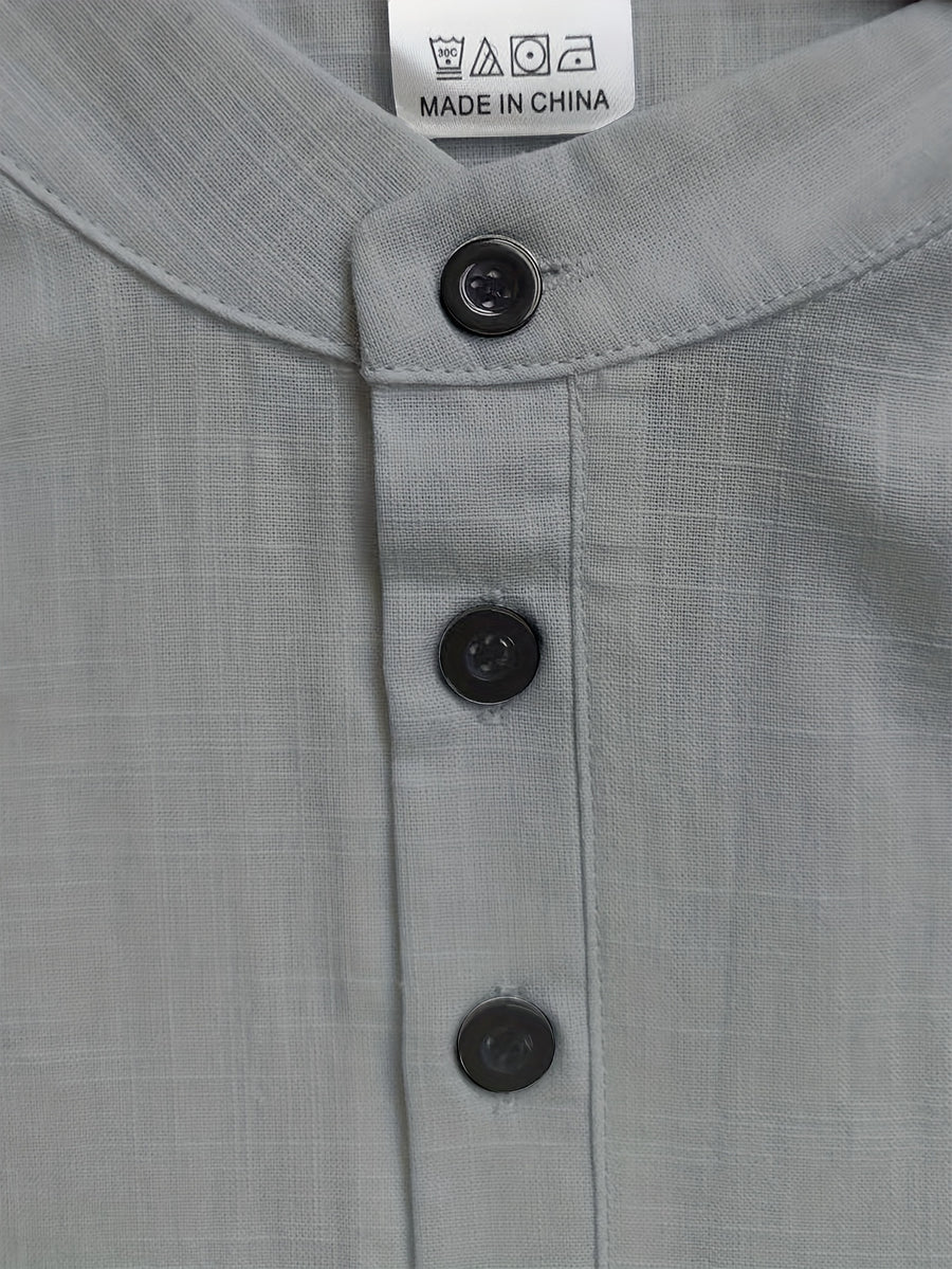 Men's Casual Solid Color 100% Cotton Short Sleeve Summer Button-Up Shirt, Round Neck Breathable Sweat-Absorbent Pure Cotton Pocket Print 100g Lightweight Shirt - Grey