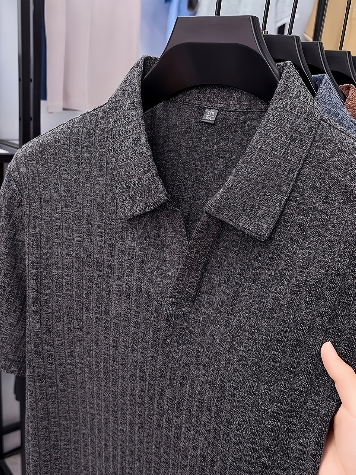 Old Money Aesthetic Vertical Ribbed Polo Sweater, Solid Color No-Button V-Neck Design, Commute Business/Casual Gathering Multi-Scene Short Sleeve Top, Light Athletic Non-Pick Body Men'S Top, Knit - Black Gray