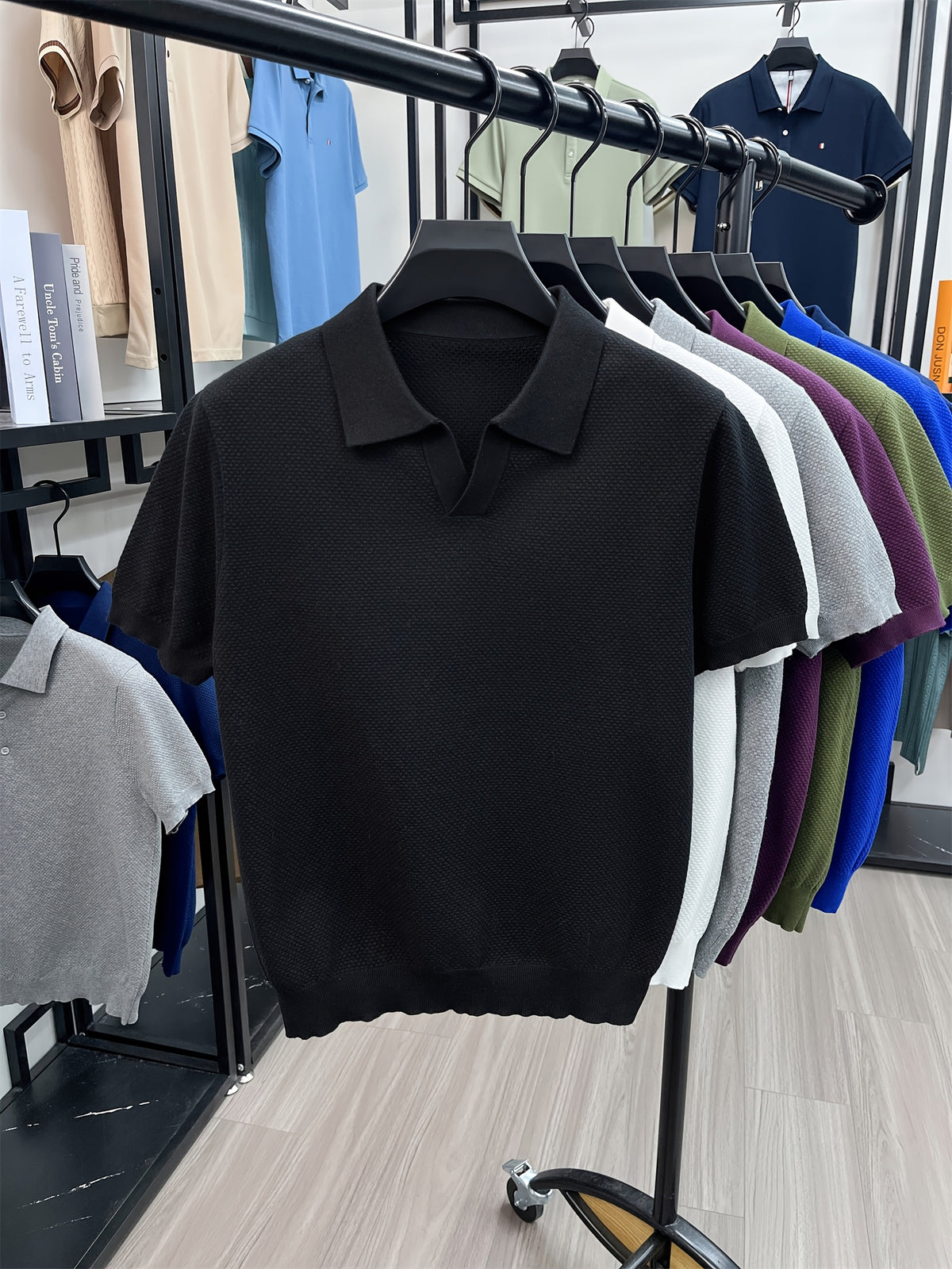 [Qiaoximei OBM] Summer Men'S Premium Casual Henley Shirt | Knit Style Men'S Top, Full Pineapple Jacquard Decoration, Summer Men'S Henley Collar Short Sleeve Base Layer, Lapel Men'S Top, Easy And Fresh for Single Wear - Black