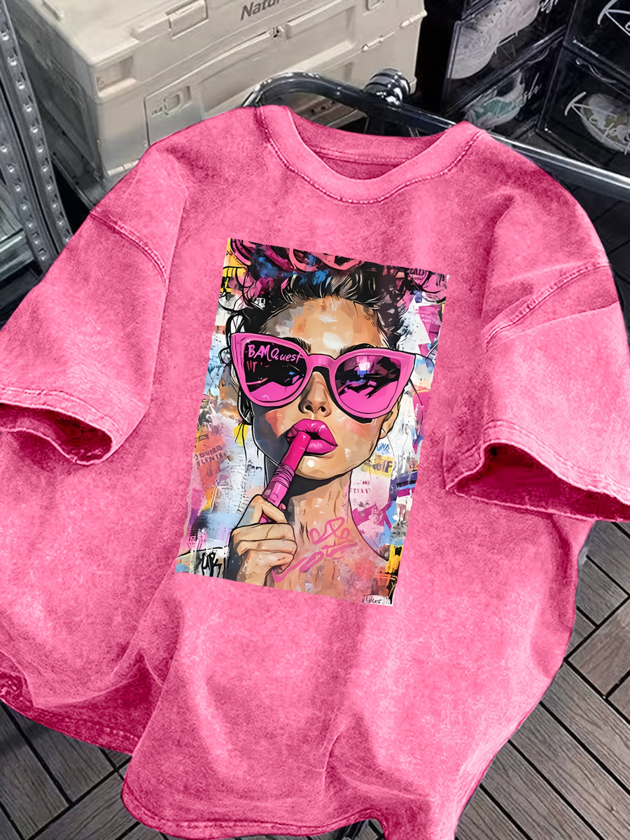 Women's Washed T-shirtVintage Washed Women's T-Shirt with Bold Pop Art Print, Perfect for Casual Outings or Home Relaxation, Lightweight and Durable Blend, Stylish Statement Piece for Everyday WearWomen's Top Tee - Pink