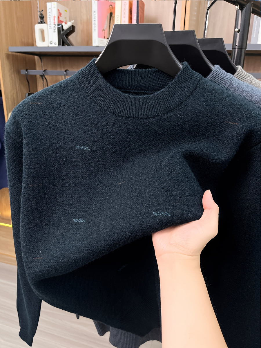 Autumn/Winter Men's Crew Neck Knit Sweater, Simple Subtle Jacquard Pattern, Mid-Life Layering Top - Dark Green
