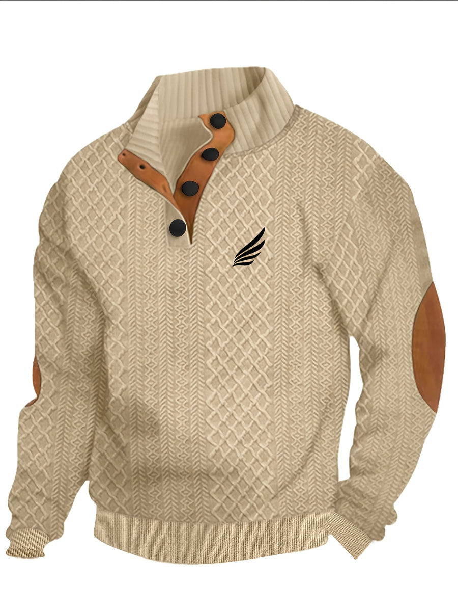Men's New Jacquard Top with Textured Classic Stand Collar to Enhance Neckline, Half-Button Placket Continuing Vintage Henley Style, Patchwork Design Fashion Knit Shirt - Apricot