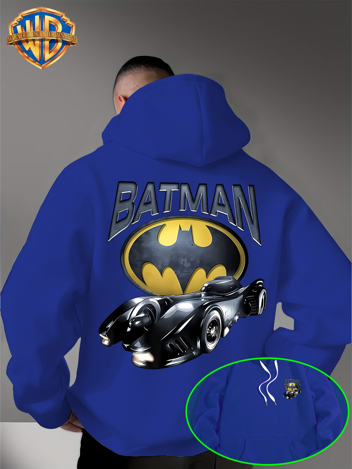 Batman Batmobile Print Hoodie, DC Movie Front-Back Print Loose Trendy Sweatshirt, Streetwear Casual Men'S Adjustable Drawstring Hoodie, Comfortable Casual Fall/Winter Wear, Fleece-Lined Warm, Suitable for Sports, Outdoor, Outings, Travel - Blue