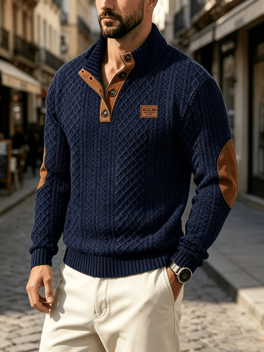 Men'S Casual Sports Sweater, Knit Sweater, American Casual Textured Diamond Knit Top, Men'S Stand Collar Contrast Color Button-Up Loose All-Match Retro Velvet Sweater Jacket, Autumn Winter Casual Sweater, Multi-Color Available - Navy Color