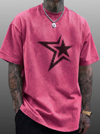 Men's Short-Sleeve T-Shirt, Pure Cotton Loose Fit Washed Distressed Half-Sleeve Top, Dot Matrix Overlapping Double Five-Star Trendy Reverse Double-Sided Print, Multiple Colors for  Mix & Match, American Streetwear High Street Hip-Hop Y2K National - Rose Red