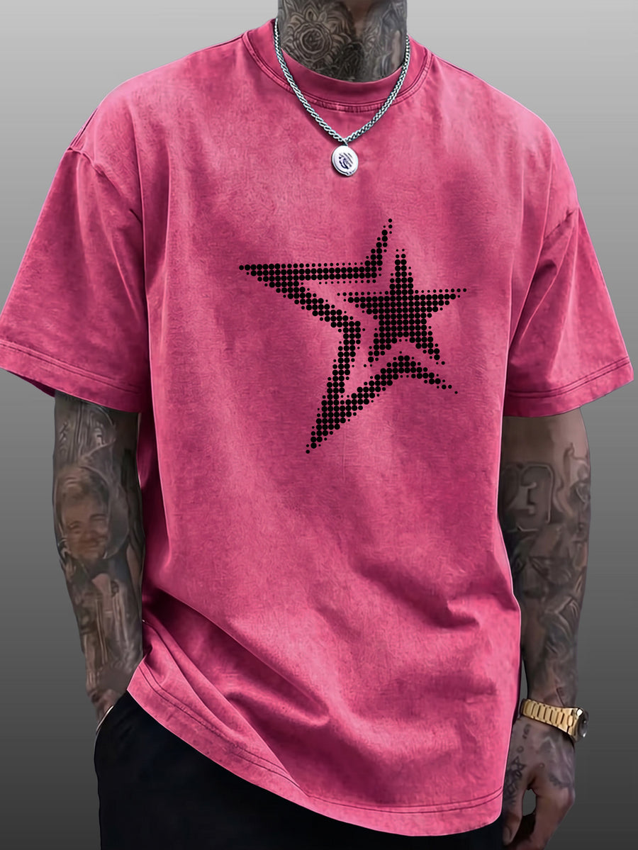 Men's Short-Sleeve T-Shirt, Pure Cotton Loose Fit Washed Distressed Half-Sleeve Top, Dot Matrix Overlapping Double Five-Star Trendy Reverse Double-Sided Print, Multiple Colors for  Mix & Match, American Streetwear High Street Hip-Hop Y2K National - Rose Red
