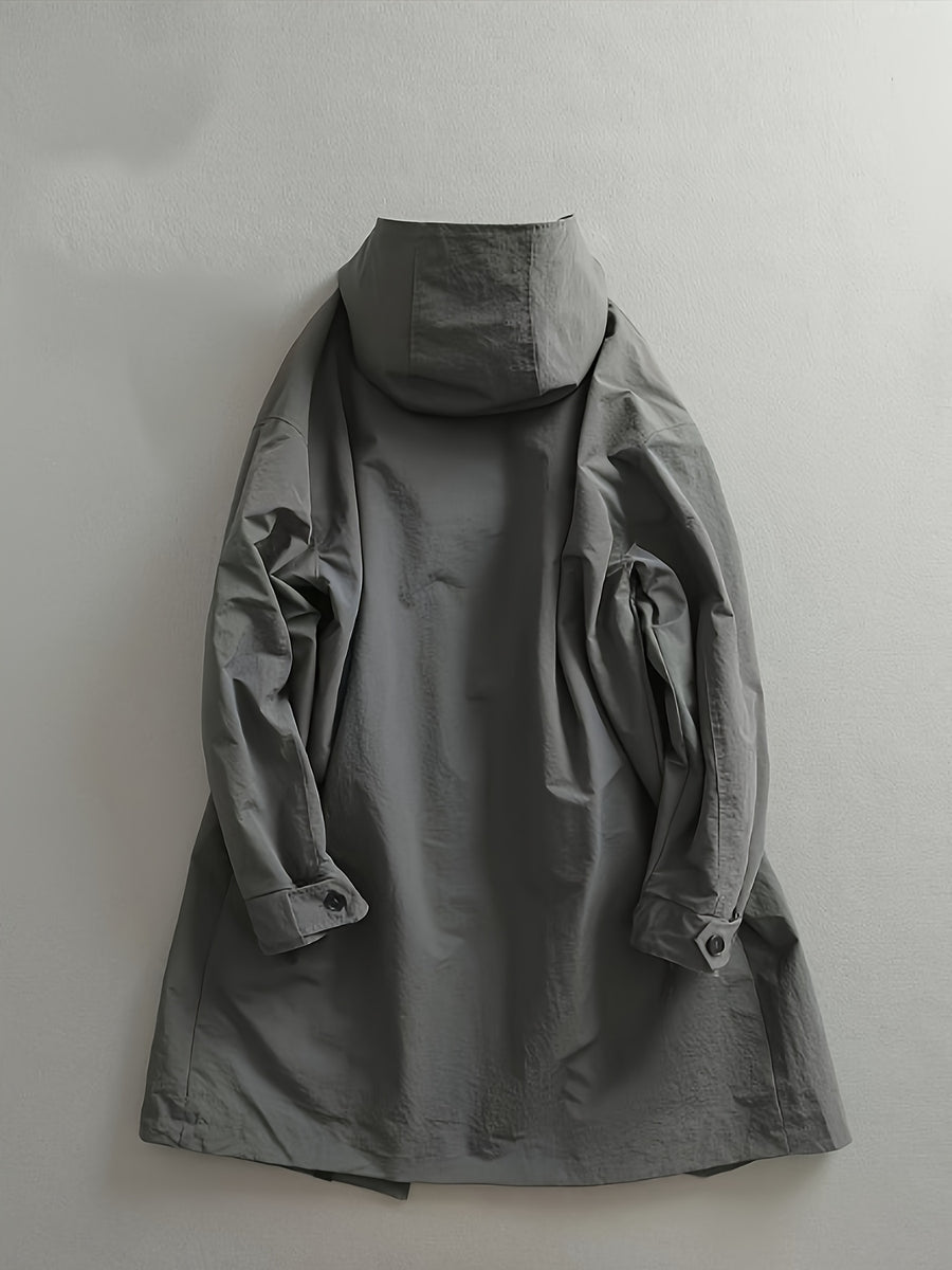 Men's Mid-Length Trench Coat for Spring/Autumn, Japanese-Style Minimalist Light Luxury Fashion, High-End Gray Long Hooded Trench Coat - Dark Gray