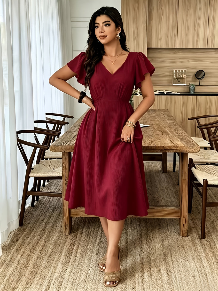 Spring/Summer Women'S Solid V-Neck Ruffled Sleeve Waist-Cinching Flowy Dress, Casual Vacation Style - Burgundy