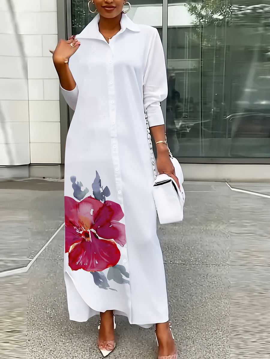Plus Size, Women's Plus Size Casual Floral Print Shirt Dress for Spring and Autumn - Suit 7