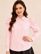 Extended Version: Women's Striped Long-Sleeve Business Shirt, Elegant Commuter Blouse with Front Button Design, Office Workwear - Pink Stripes