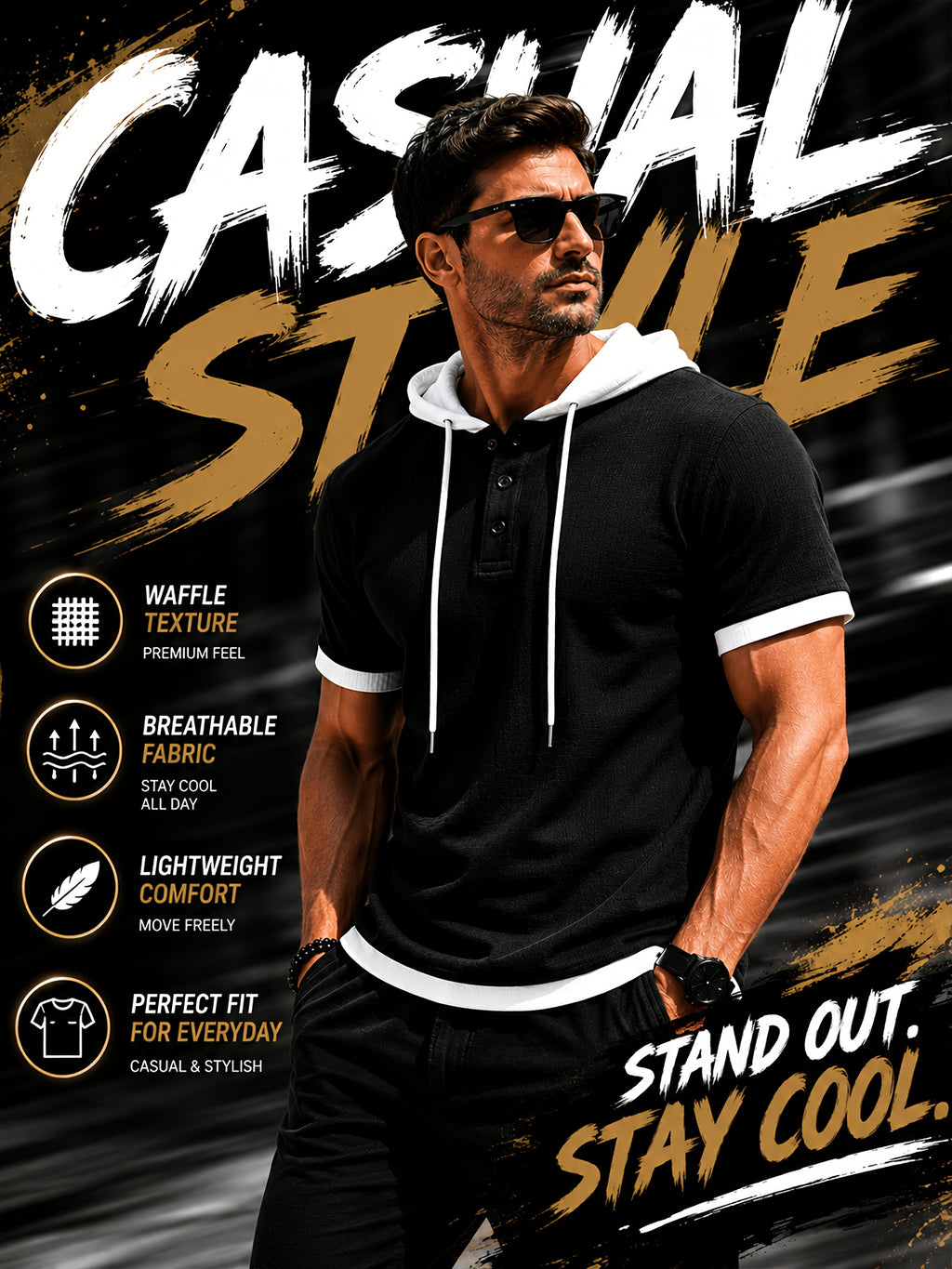 [Qiaoximei Obm] Summer Men'S High-Quality Waffle-Gore Hooded Short Sleeve T-Shirt - Individual Fashion Statement with Special Design Texture Fabric, Adjustable Drawstring And Buttons, Suitable for Gym Fitness Wear - Black