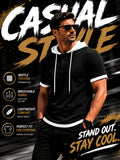 [Qiaoximei Obm] Summer Men'S High-Quality Waffle-Gore Hooded Short Sleeve T-Shirt - Individual Fashion Statement with Special Design Texture Fabric, Adjustable Drawstring And Buttons, Suitable for Gym Fitness Wear - Black