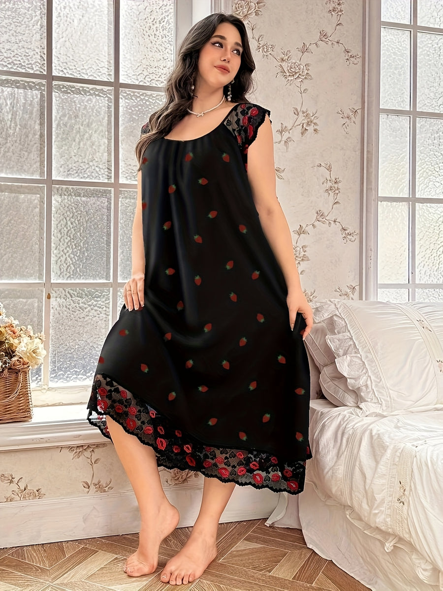 Elegant Lace Trim Nightdress with Small Floral Print - Soft Round Neck Sleepdress Suitable for Year-Round Wear, Machine Washable Bed Nightgown for (Non-) - Mixed Color 1