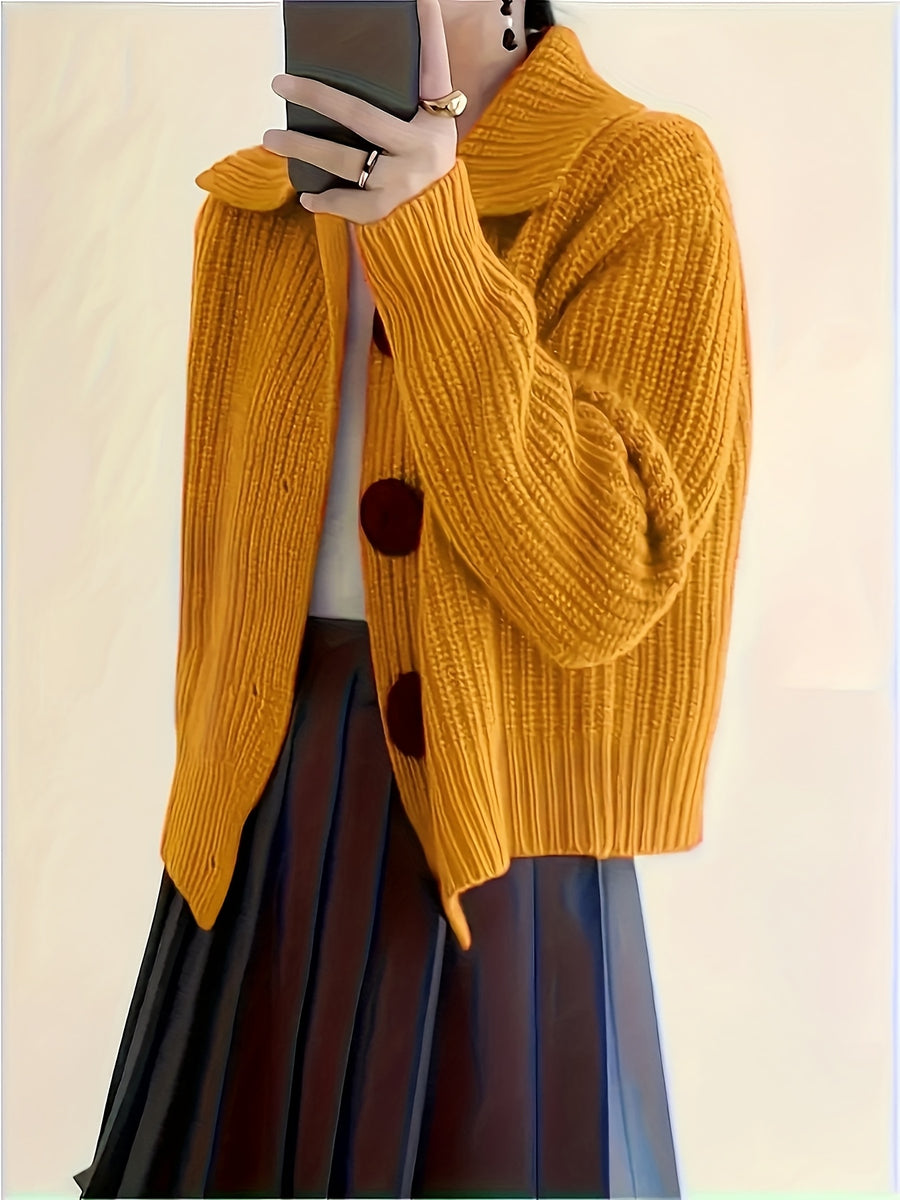Solid Color Button-Front Cardigan, Korean Style Short Outerwear, Elegant for Vacation, Daily Commute - Yellow