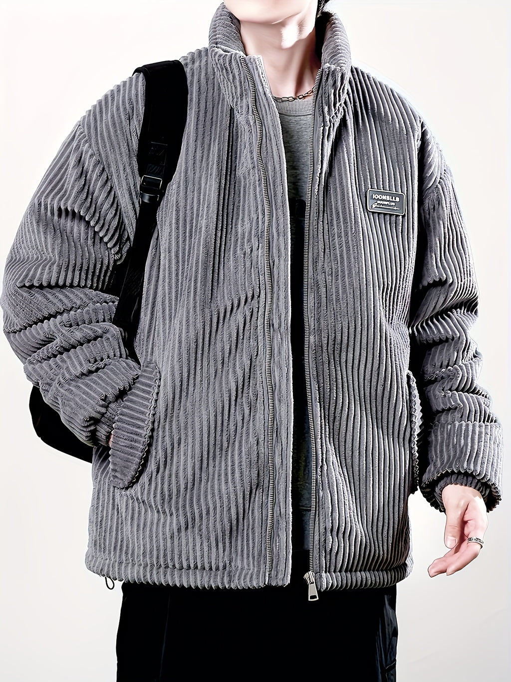 Men's Winter Corduroy Padded Coat with Thickened Lining, Faux, and Striped Design - Dark Gray