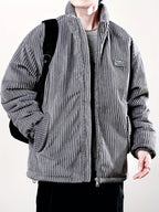 Men's Winter Corduroy Padded Coat with Thickened Lining, Faux, and Striped Design - Dark Gray